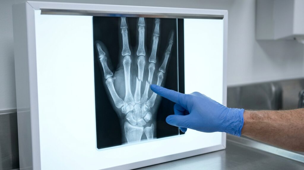 X-ray 필름에 나타난 손가락 골절 이미지를 의사가 가리키는 모습