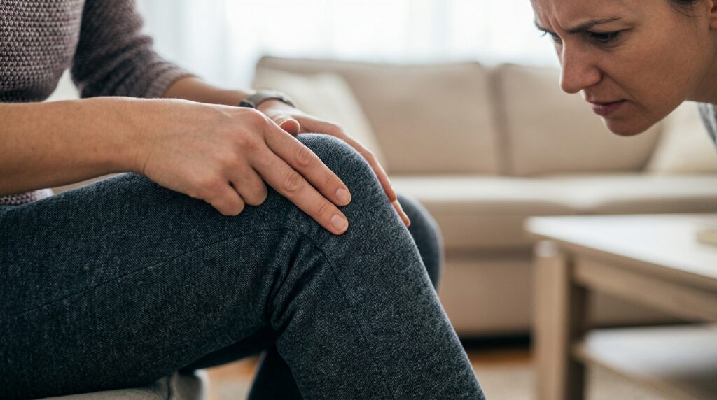 무릎 앞쪽 통증을 느끼며 무릎을 잡고 있는 사람의 무릎 클로즈업 사진