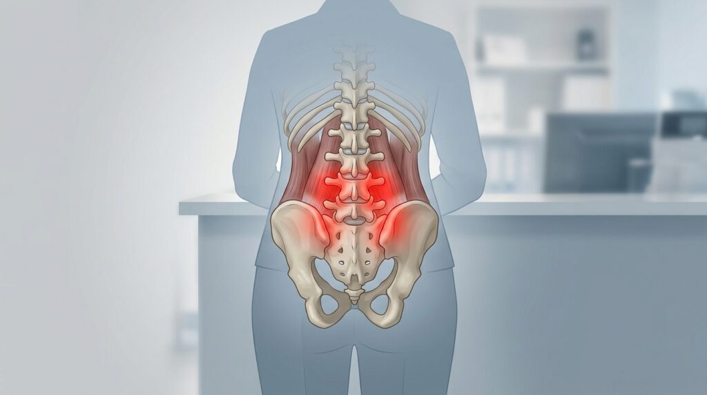오래 서서 일할 때 허리 통증, 예방 운동은? 1 오래 서 있을 때 허리에 가해지는 부담과 통증 부위를 나타내는 척추 해부도 일러스트