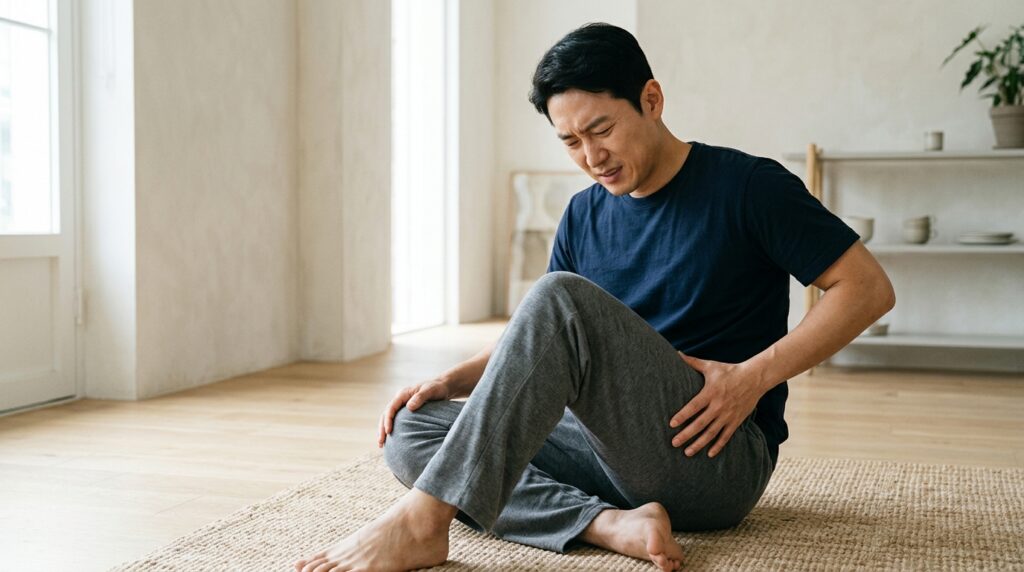 양반다리 자세를 취하며 고관절 통증을 느끼는 사람