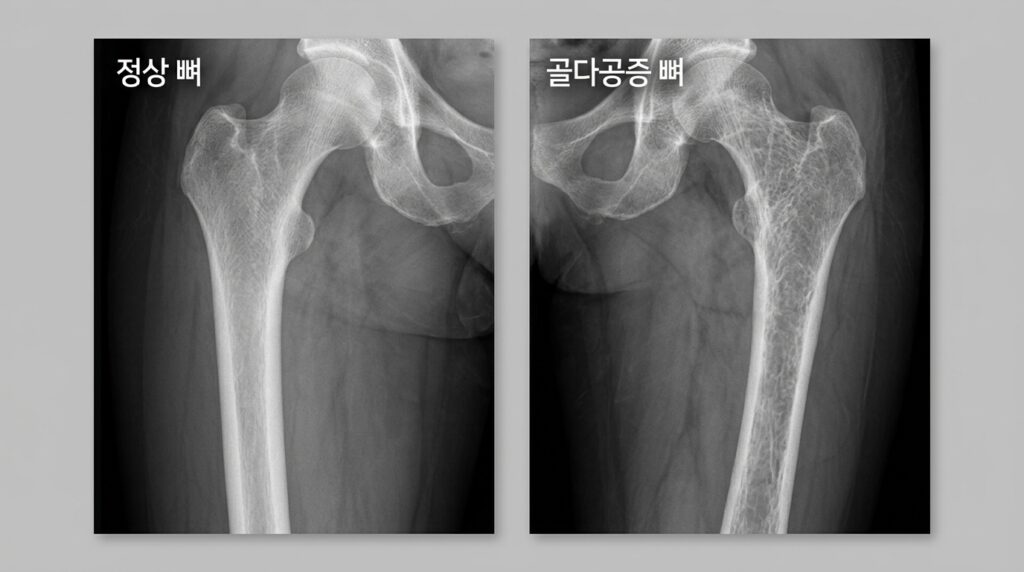 건강한 뼈와 골다공증 뼈의 X-레이 이미지 비교, 골다공증 뼈는 밀도가 낮고 구멍이 많음