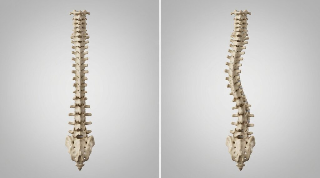 척추측만증: 휘어진 척추, 어떻게 바로잡을까? 1 정상 척추와 척추측만증으로 휘어진 척추 비교 일러스트