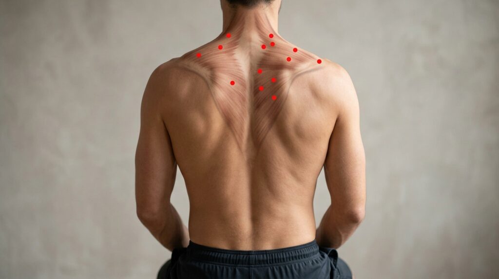 "담"과 근막통증증후군: 통증 유발점 치료 1 목과 어깨 부위의 근막 통증 유발점을 보여주는 인체 해부도