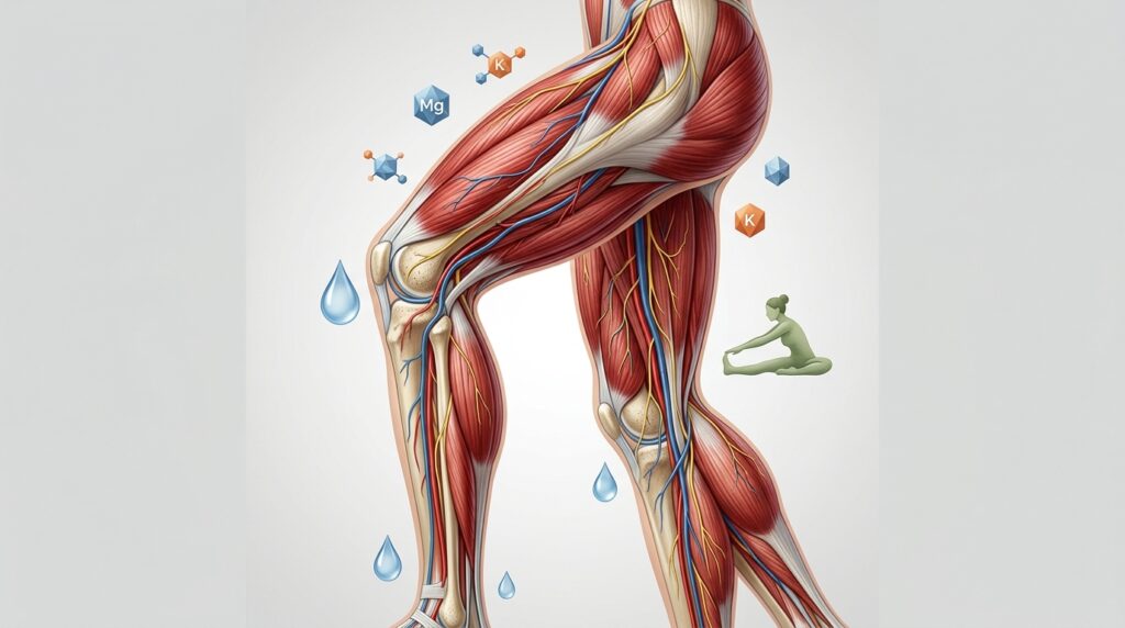 다리 근육, 신경, 혈관의 해부학적 구조와 수분, 전해질 등 다리 쥐의 다양한 원인을 상징하는 일러스트