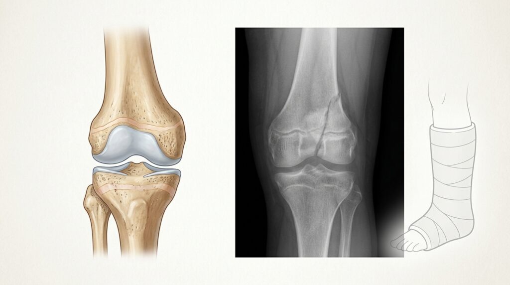 성장판 손상 진단을 위한 X-ray 영상과 치료 과정을 보여주는 일러스트